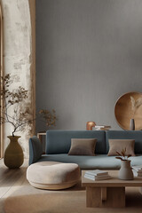 Aesthetic elegant minimalist interior design. Concrete effect paint in the room. Decorative stucco on the walls. Copy space. Clean apartment for decoration. Japandi, scandi style.