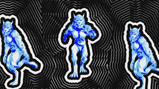 Seamless animation of  a werewolf dancing.  Funny background cartoon style with wave echo lines.