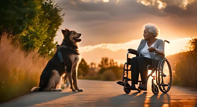 Black Senior woman in wheelchair with her dog.