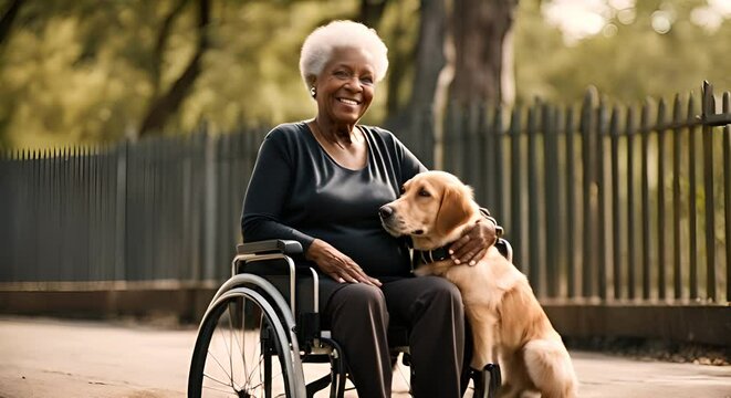 Black Senior woman in wheelchair with her dog.