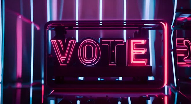 Text "VOTE" in neon lights. Concept of voting and elections.