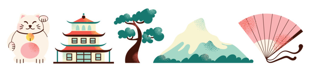 Japanese art and culture set. Set of Japanese travel icons. Symbols of the island. Various sights and famous elements. Pagoda architecture, maneki neko toy. National traditional Japan illustration