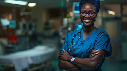Portrait of a smiling female surgeon with stethoscope in a well-lit operating room