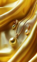 Elegant pearl jewelry displayed on draped golden silk fabric