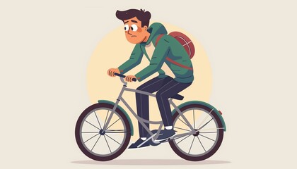 Naklejka premium Sad Young Man Riding Bicycle with Backpack - Cartoon Character Illustration