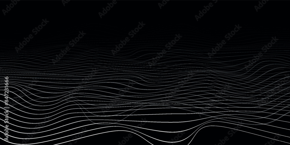 Poster flowing dots particles wave pattern 3d curve halftone black gradient curve shape isolated on white b
