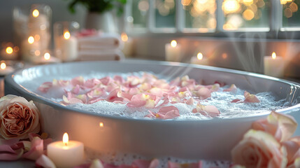 A luxurious bath scene with rose petals bath salts
