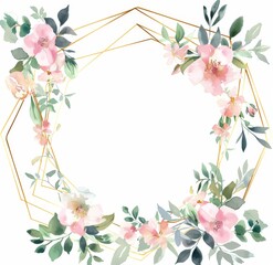 Fototapeta premium Floral watercolor frame with gold geometric lines 