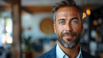 Obraz premium wide closeup business photo of handsome real estate agent man wearing a suite and looking at the camera with a friendly smile 