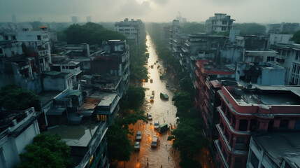 Aerial view of flooded street in urban city during sunset