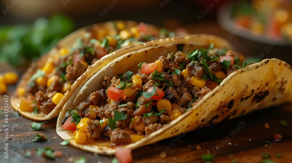 Wall mural Two tacos filled with meat and corn, topped with tomatoes and cilantro