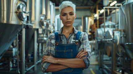 Obraz premium Strong, professional woman stands with crossed arms in a modern brewery