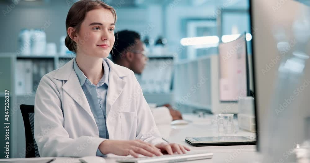 Poster computer, research and science with woman in laboratory, typing report for discovery or experiment. 