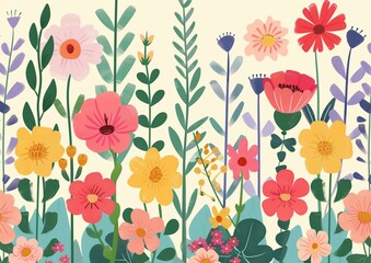 Vibrant Hand-Drawn Floral Garden Illustration in Bloom