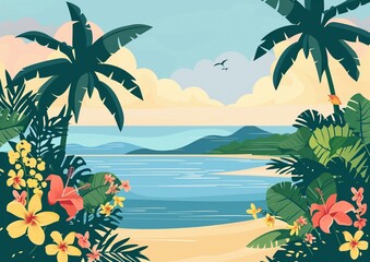 Obraz premium Tropical Beach Paradise with Palm Trees and Colorful Flowers at Sunset