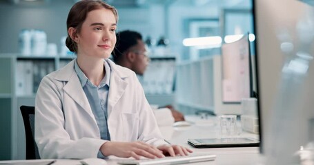 Computer, research and science with woman in laboratory, typing report for discovery or experiment. Healthcare, medicine and pharmaceuticals with scientist in office for development or innovation