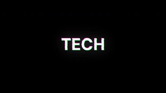 Tech text with screen effects of technological failures. Spectacular screen glitch with various kinds of interference. Looped
