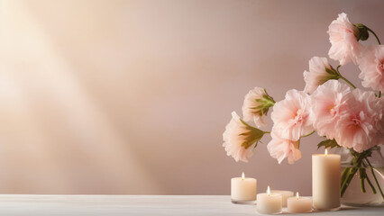 Elegant pink flowers and softly glowing candles creating a serene and romantic ambiance against a soft background.
