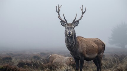 Red deer on a misty morning