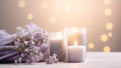 Elegant arrangement of glowing candles and delicate lavender flowers creating a serene and peaceful ambiance.

