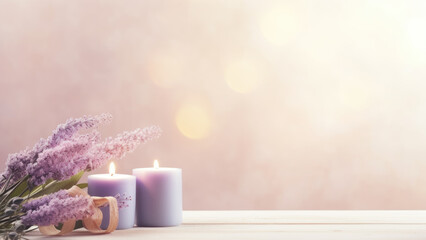 Elegant arrangement of glowing candles and delicate lavender flowers creating a serene and peaceful ambiance.
