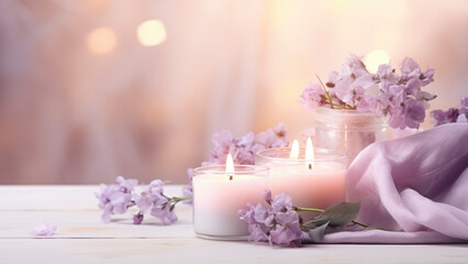 Elegant arrangement of glowing candles and delicate lavender flowers creating a serene and peaceful ambiance.
