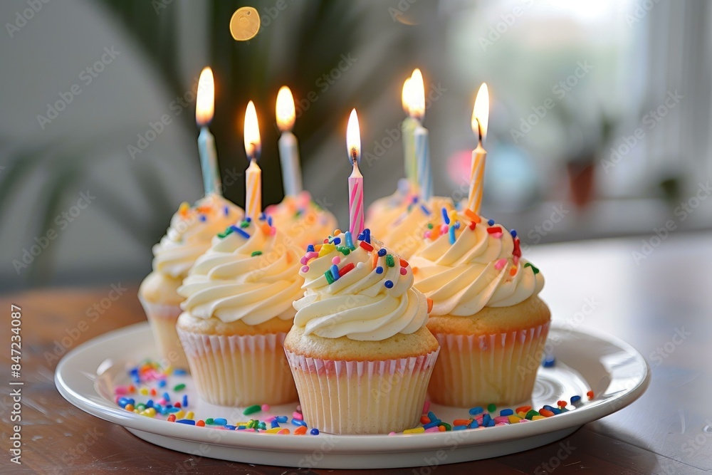 Wall mural Six delicious birthday cupcakes with lit candles on white plate are sitting on a wooden table