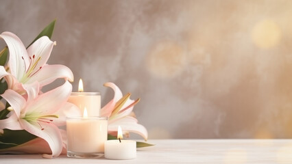 Pink Lilies and White Candles on a Soft Background

