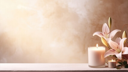 Pink Lilies and White Candles on a Soft Background

