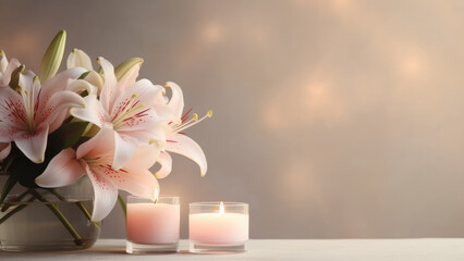 Pink Lilies and White Candles on a Soft Background

