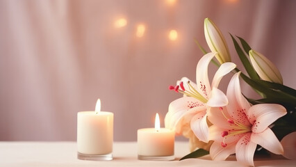 Pink Lilies and White Candles on a Soft Background

