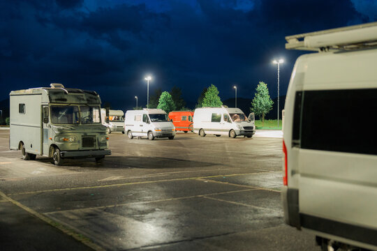 Parking lot for camper vans at night 