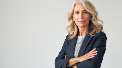 Mature female CEO with arms crossed. Confident businesswoman is against white background
