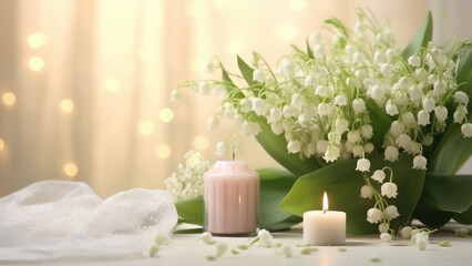 Elegant lily of the valley bouquet paired with softly glowing candles, creating a serene and romantic ambiance against a soft background.
