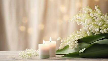 Elegant lily of the valley bouquet paired with softly glowing candles, creating a serene and romantic ambiance against a soft background.
