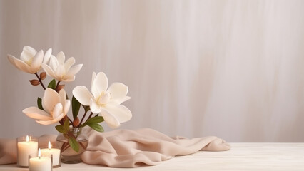 Magnolia Flowers and Candles on a Soft Background

