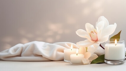 Magnolia Flowers and Candles on a Soft Background

