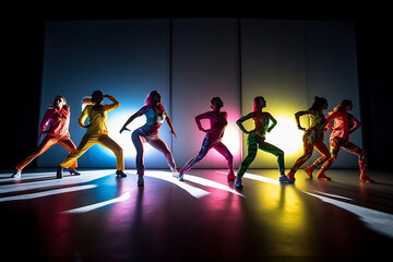 Colorful dancers performing a choreographed routine on a stage with colored lighting