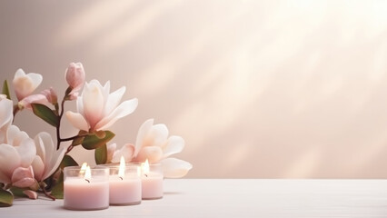 Magnolia Flowers and Candles on a Soft Background

