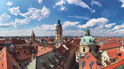 Obraz premium Aerial view of historic European cityscape with vibrant red rooftops and a blue sky. The image captures classic architecture. Perfect for travel, tourism, and European history enthusiasts. AI