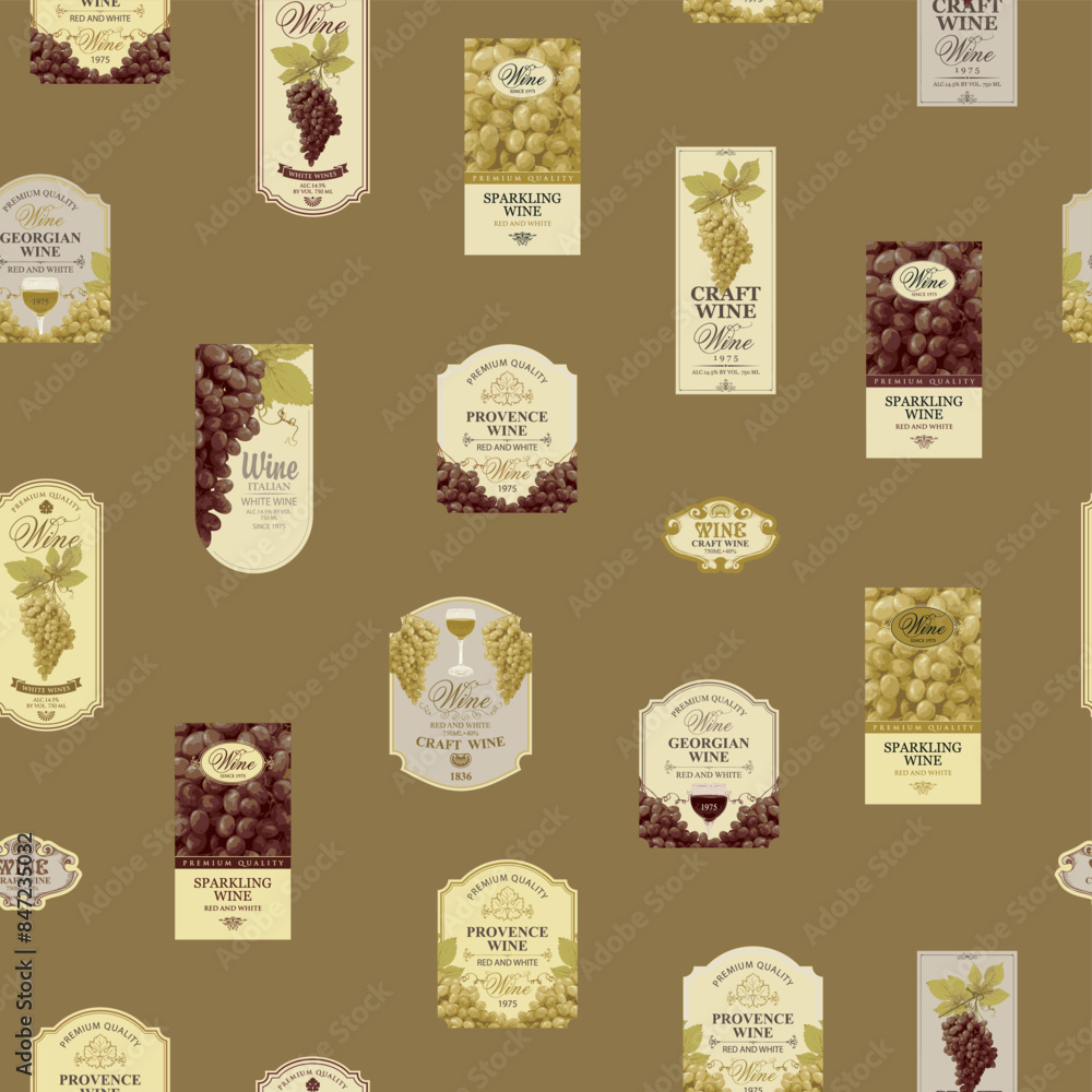 Poster seamless pattern with ornate wine labels in retro style. repeating vector background on the theme of