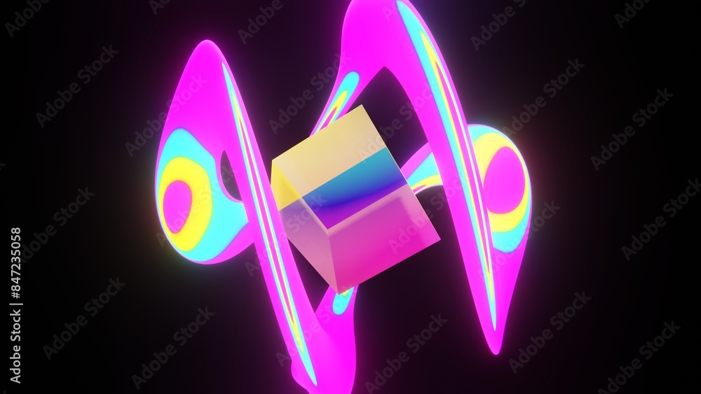 Poster abstract 3d transparent glass cube fluorescent iridescent gradient neon twisted curve spiral helix a