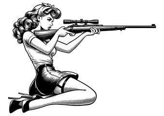 pin-up girl kneeling with a rifle, classic pin-up style with a hunting theme sketch engraving generative ai fictional character PNG illustration. Scratch board imitation. Black and white image.