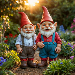 Two cheeky garden gnomes at sunset