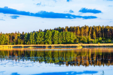 Fototapeta premium Stunning sunset over the lake, reflecting the vibrant colors of the forest trees and sky. Sweden.
