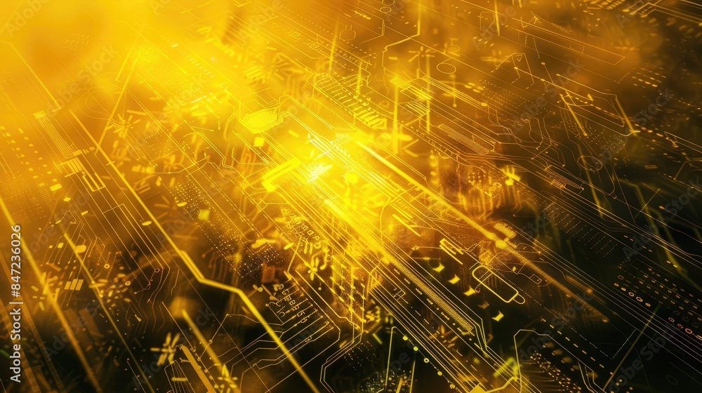 Poster the image is a circuit board with a bright light shining in the center. the light is surrounded by a