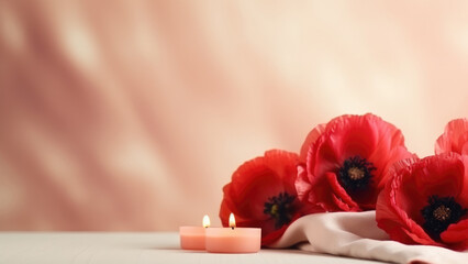 Elegant red poppies paired with softly glowing candles, creating a serene and romantic ambiance against a soft background.
