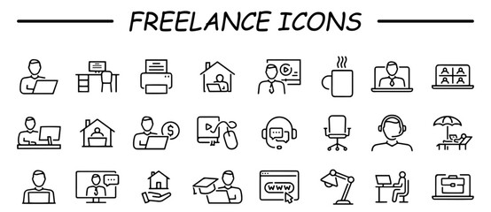 Freelance icons. Simple icon set of workplace related vector line icons. contains such icons as remote work, coworking, video conference and more.