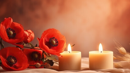 Elegant red poppies paired with softly glowing candles, creating a serene and romantic ambiance against a soft background.

