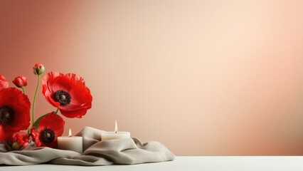 Elegant red poppies paired with softly glowing candles, creating a serene and romantic ambiance against a soft background.
